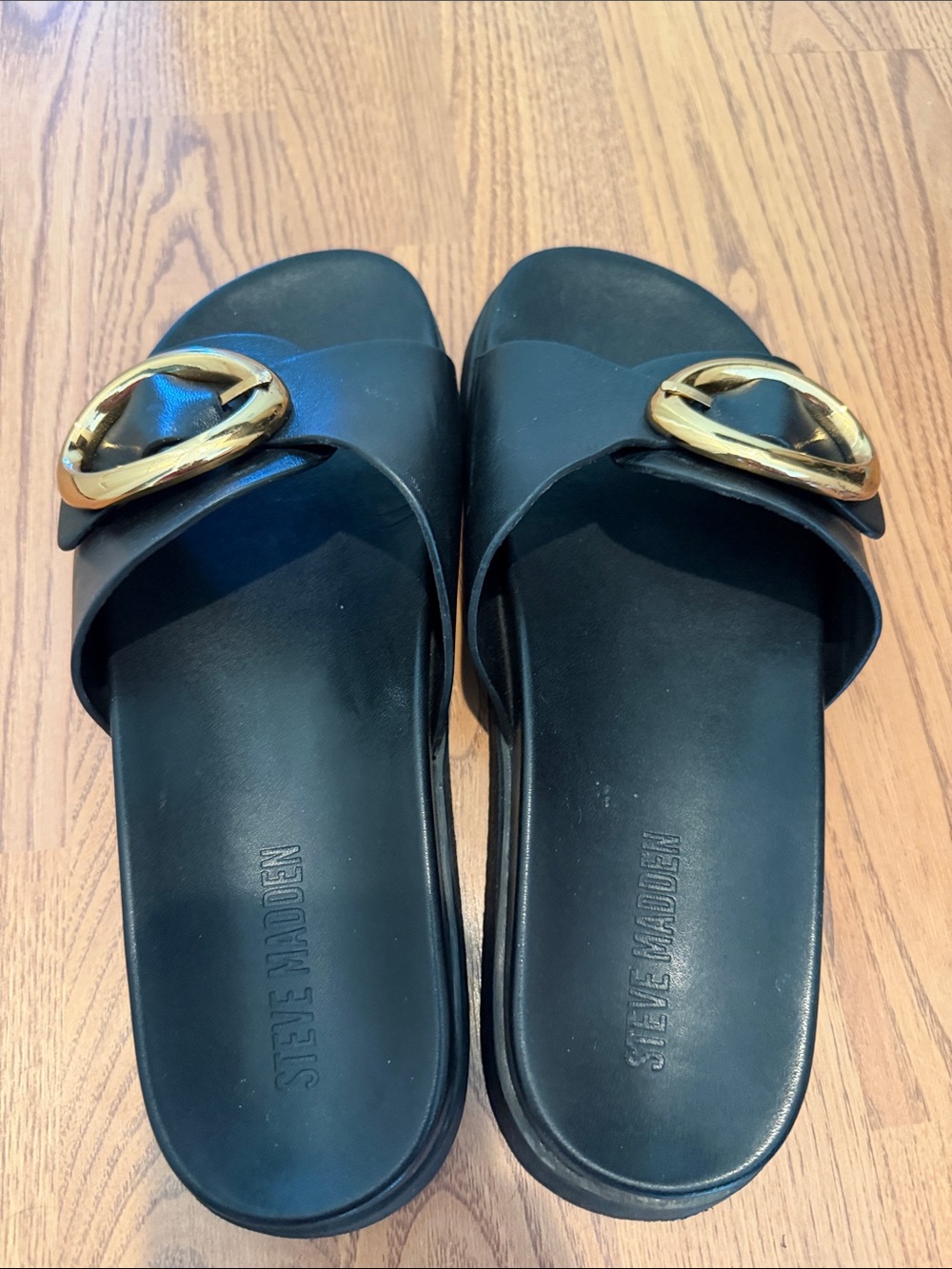 Steve Madden Black Slide Sandals with Gold Buckle - Women - Picture 4 of 4